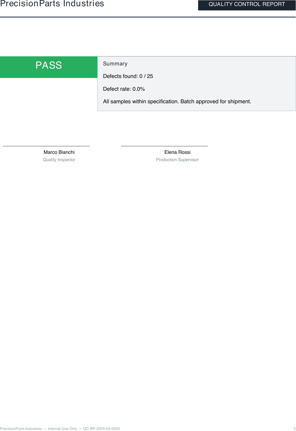 Rendered industrial quality report, page 2, with pass/fail summary and inspector sign-off