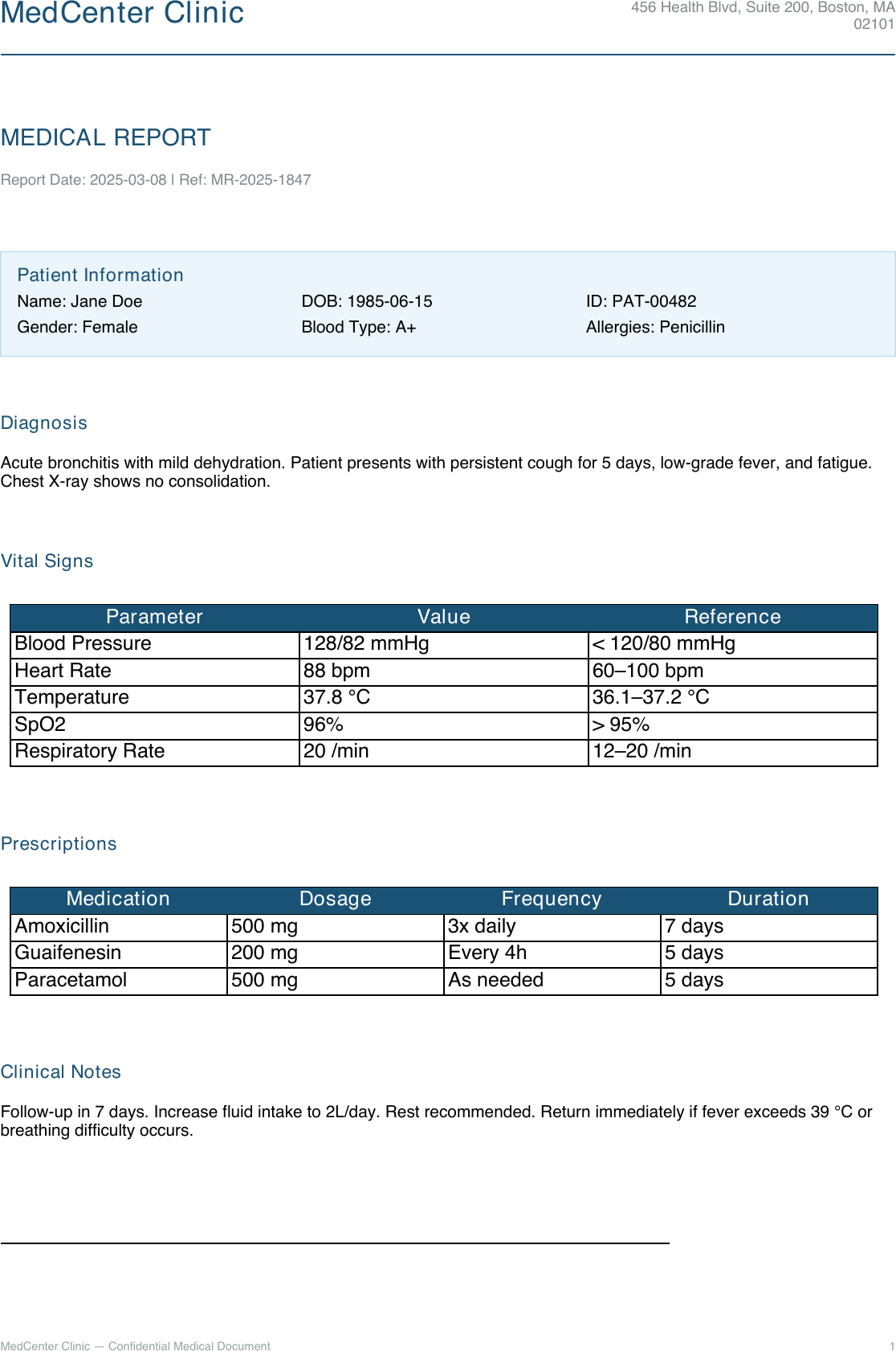 Rendered medical report, page 1, with clinic header and patient information section