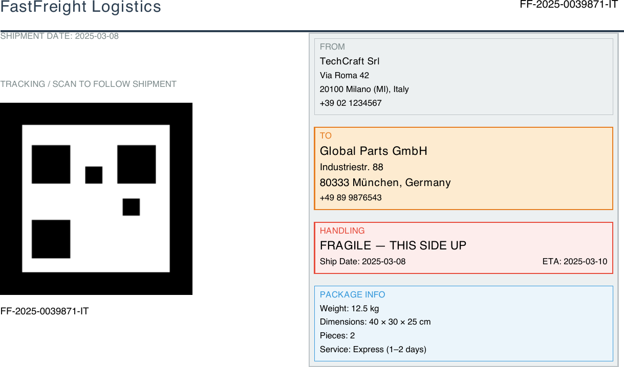 Rendered shipping label with sender and receiver boxes, tracking number, and QR code area